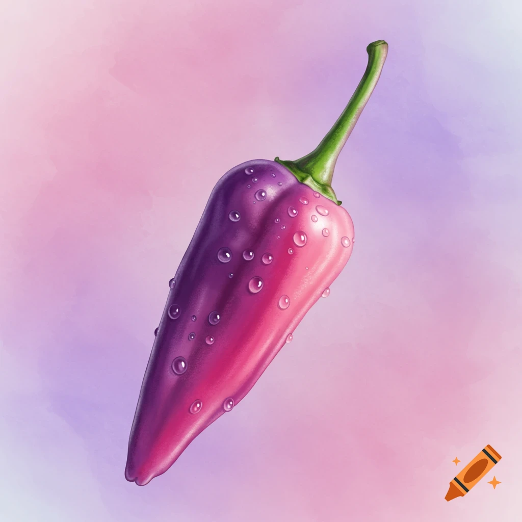 A purple and pink pepper with water droplets on a watercolor background.