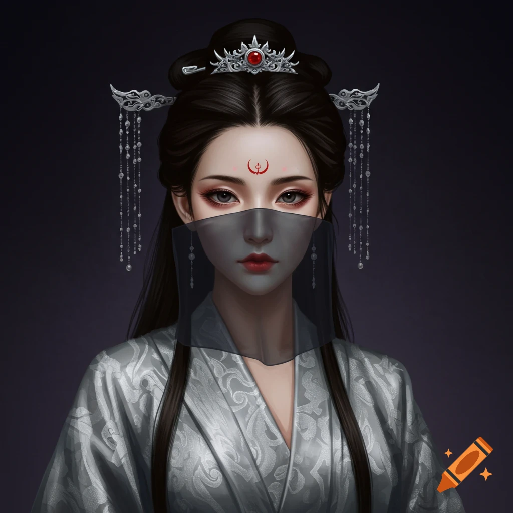 A woman with elaborate silver headwear and patterned robe, a veil covers her face