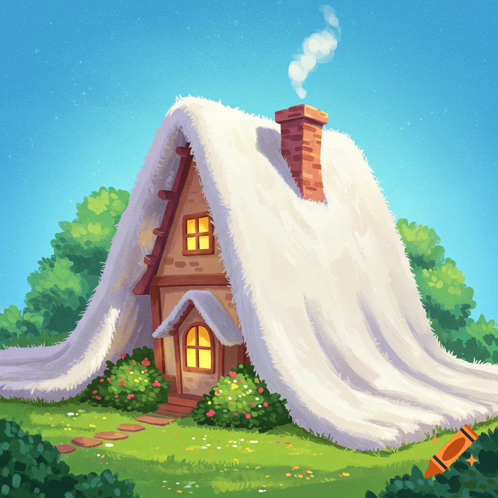 A whimsical scene of a small house covered by a large white blanket or fluffy roof, set in a grassy landscape.