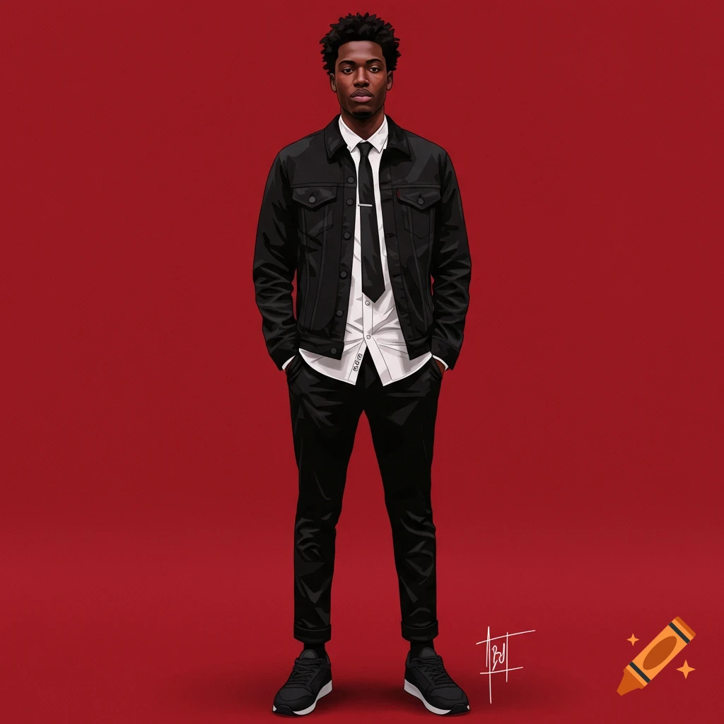 A man wearing a black jean jacket, white shirt, black tie, black pants, and black sneakers against a red background.