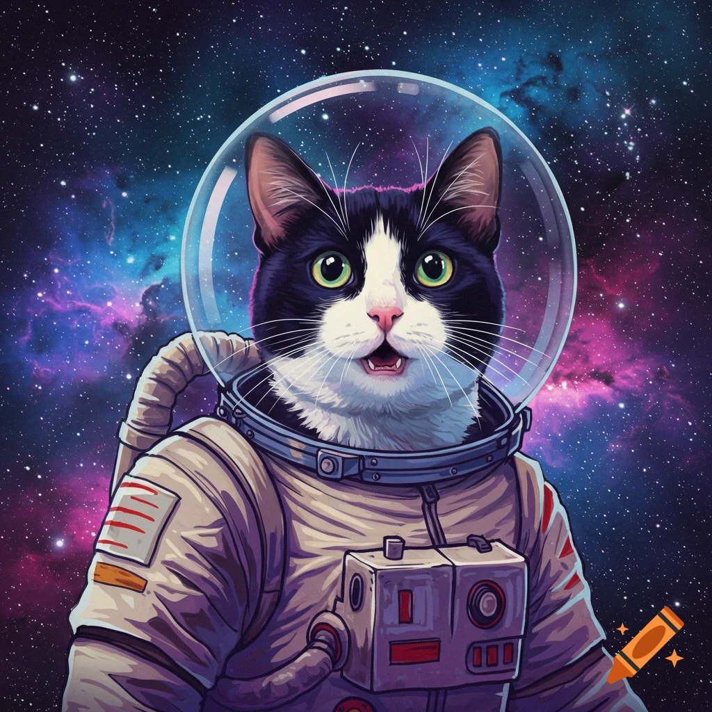A tuxedo cat wearing an astronaut suit and helmet in front of a colorful nebula.