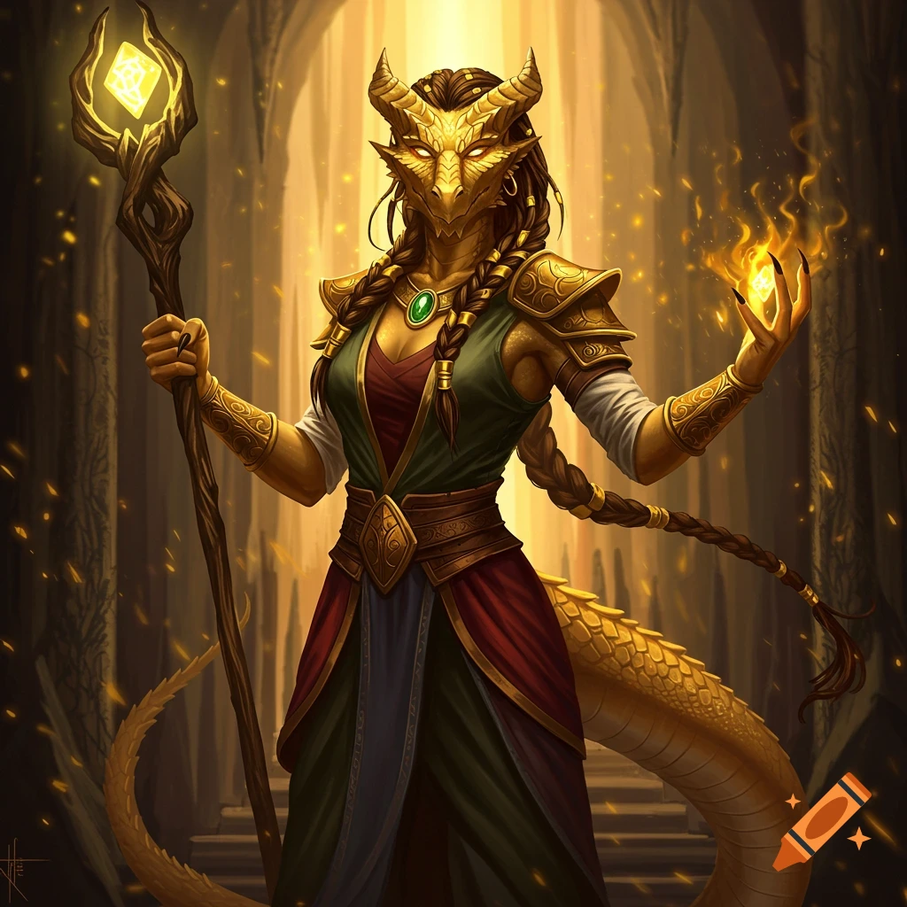 A golden female dragonborn sorcerer holds a staff and casts magic in a temple.