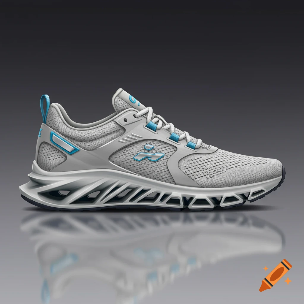 A modern grey and blue running shoe with a unique sole.
