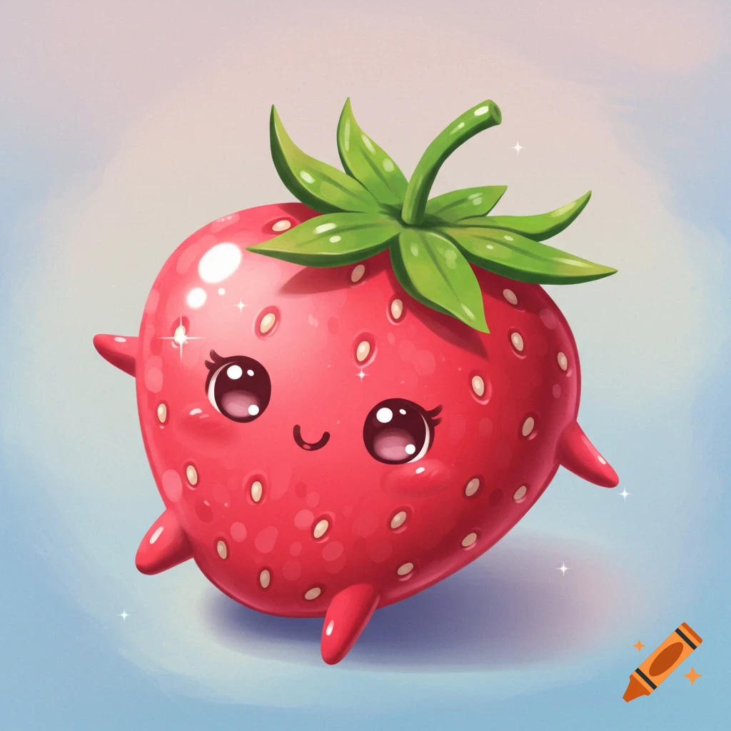 A cute cartoon strawberry with big eyes and small limbs.