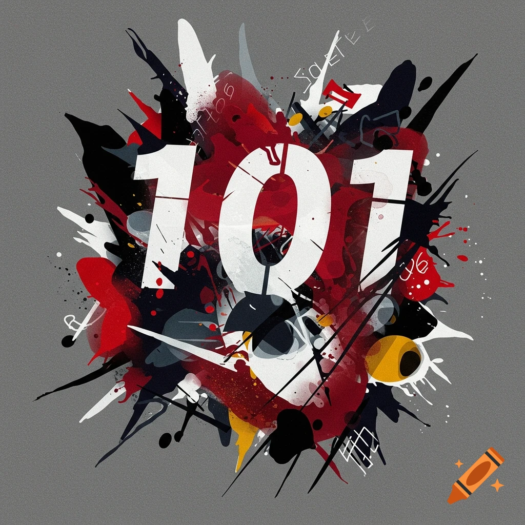 Abstract album cover design with a large white '101' surrounded by splashes and strokes of red, black, and gray.