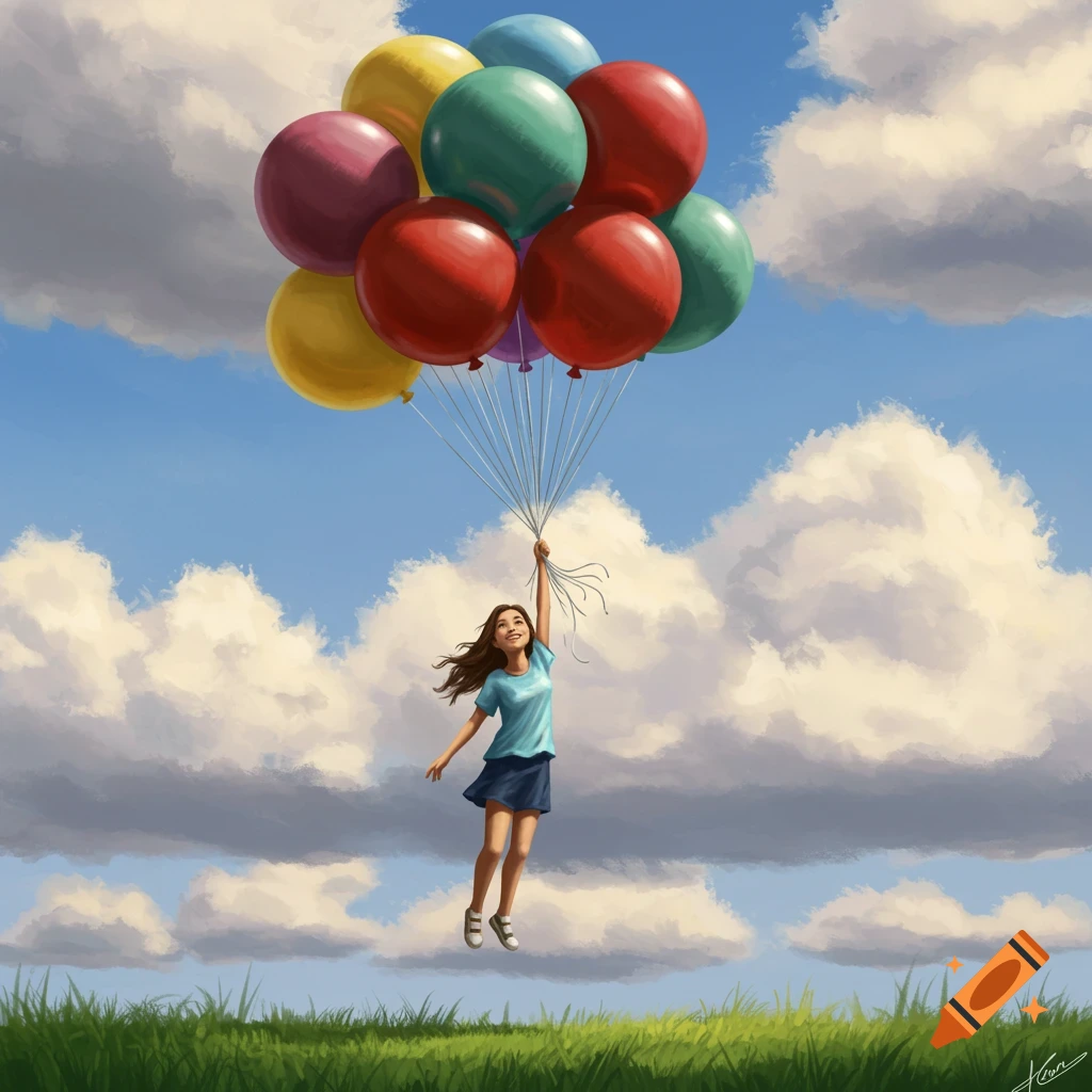 A girl floats in the sky, held aloft by a large bunch of colorful balloons.