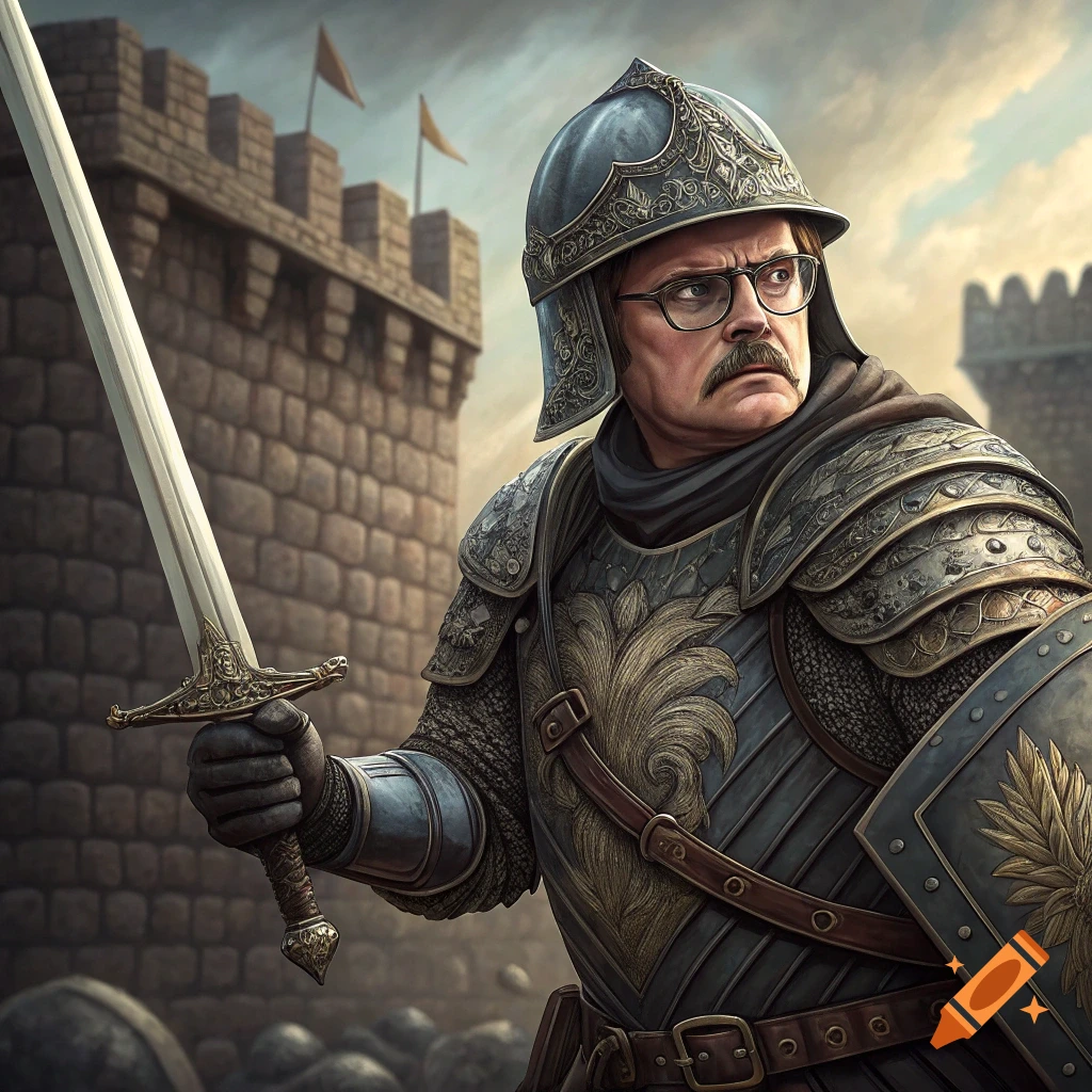 Dwight Schrute lookalike in medieval armor holds a sword in front of a castle.