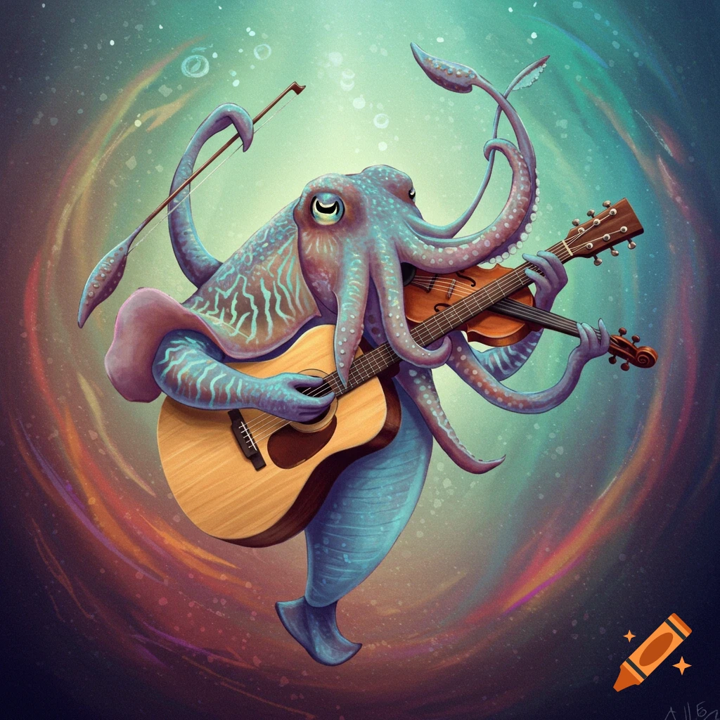 A whimsical image of a cuttlefish playing a guitar and a violin underwater.