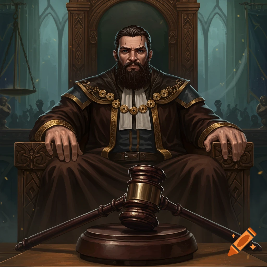 A stern judge sitting on a throne with a gavel on a table.