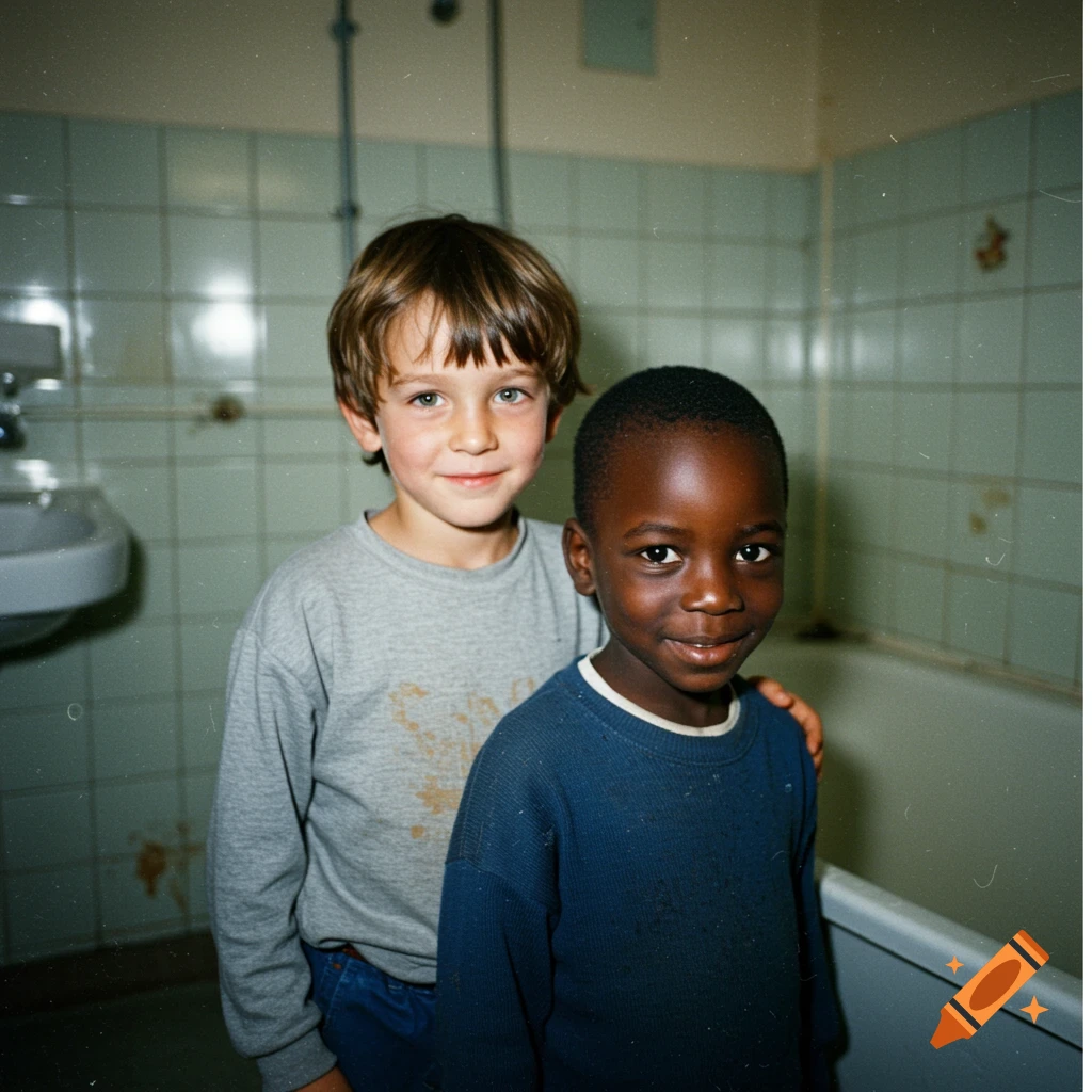 Two boys, one light-skinned, one dark-skinned, stand together smiling in a bathroom with tiled walls and a bathtub, in a grainy, nostalgic 90s photograph style.