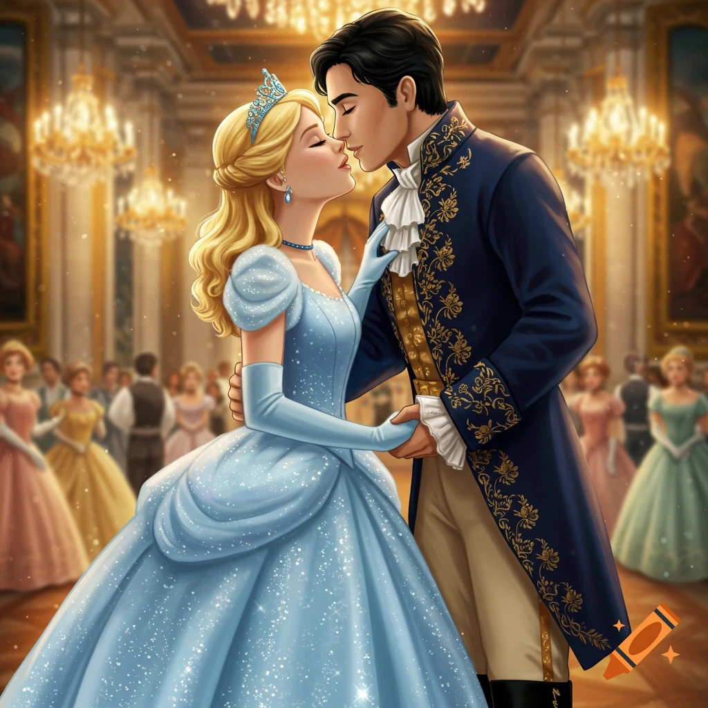 Illustration of a fairytale couple kissing in a ballroom, woman in blue gown, man in decorated coat.