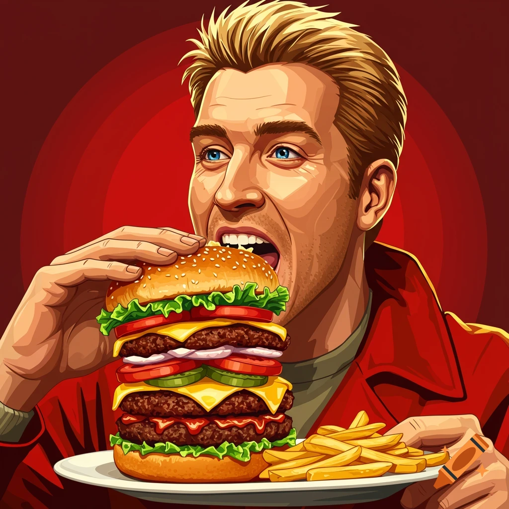 A man eating a giant burger with fries
