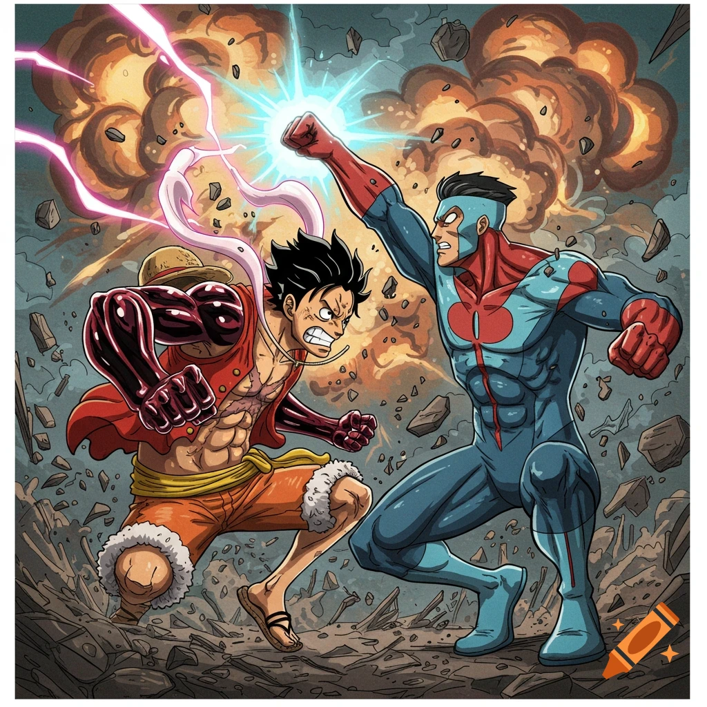 Luffy battles Omni-Man dynamically with an explosion in the background.