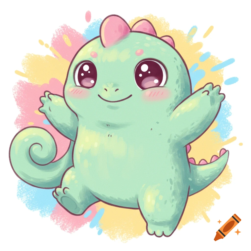 Cute light green cartoon monster with big eyes against abstract splashes.