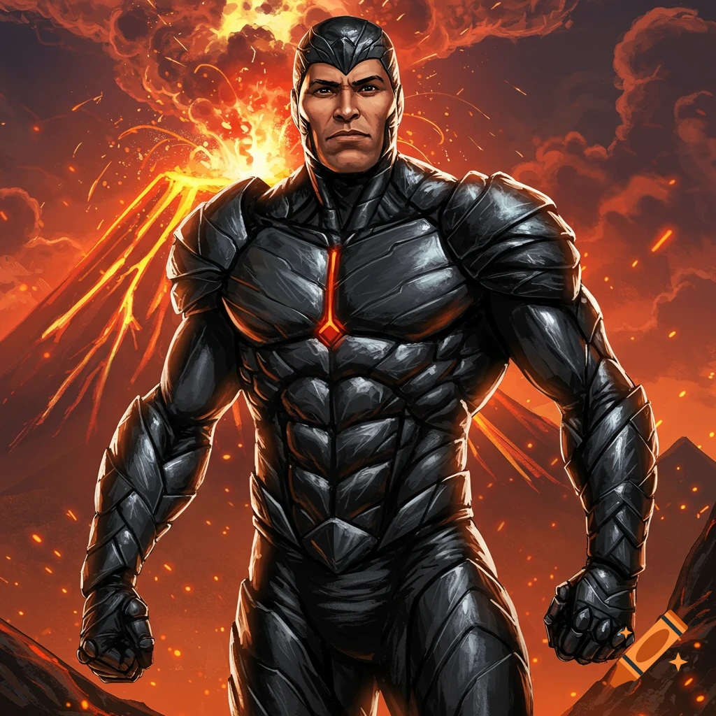 A superhero in black armor stands before an erupting volcano.