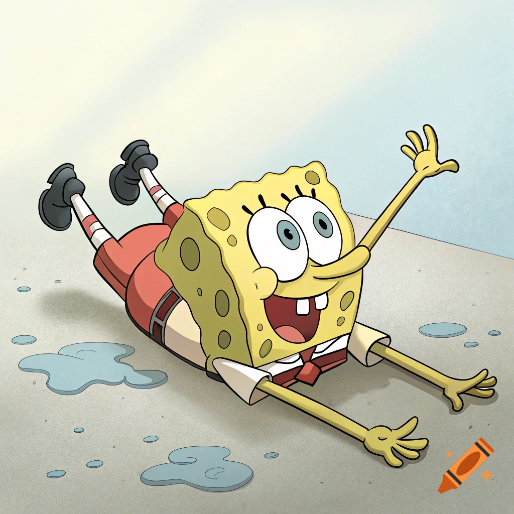 Spongebob Squarepants lies face down on the ground with his arms and legs raised, as if flying.