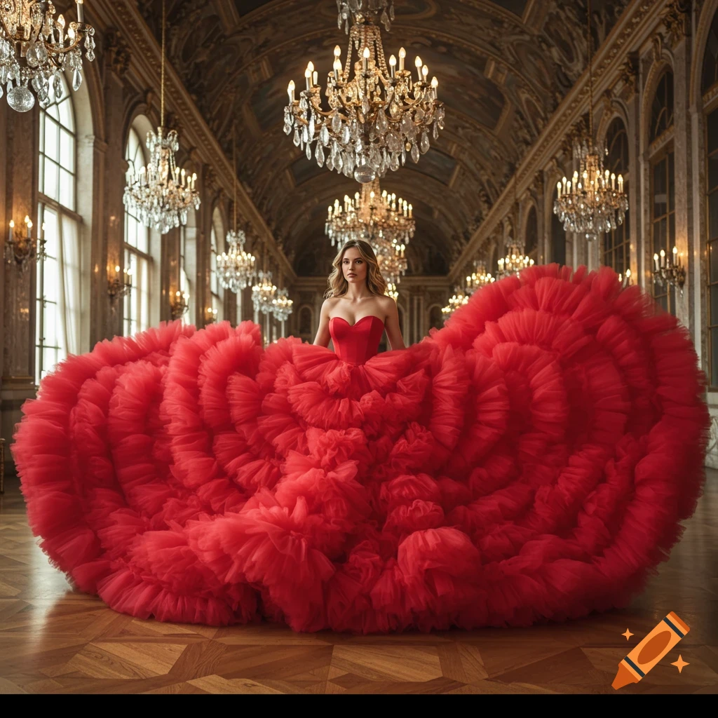 A woman in a massive red ruffled ballgown stands in a grand hall with chandeliers.