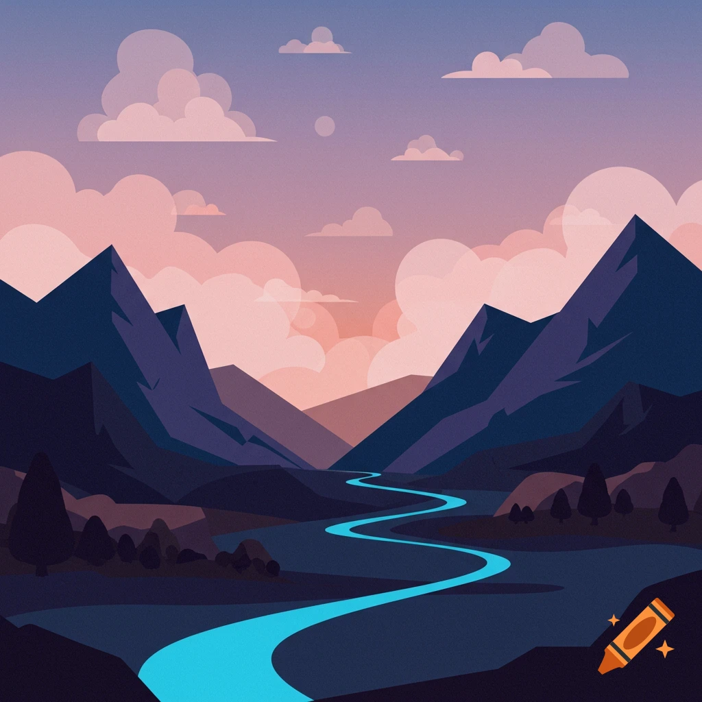 Minimalist illustration of a mountain valley with a blue river and pink clouds at sunset.