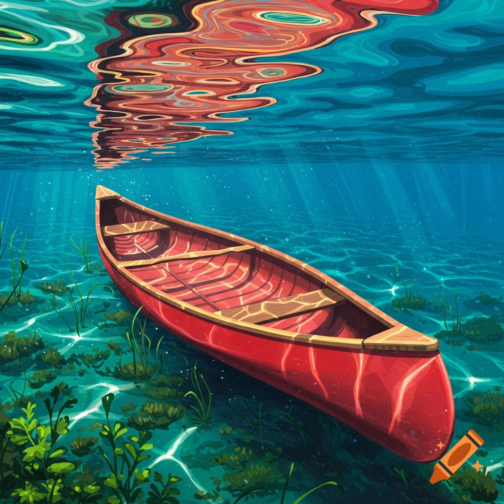 A red canoe is viewed from below the water surface, showing plants on the lake bed and a vibrant reflection above.