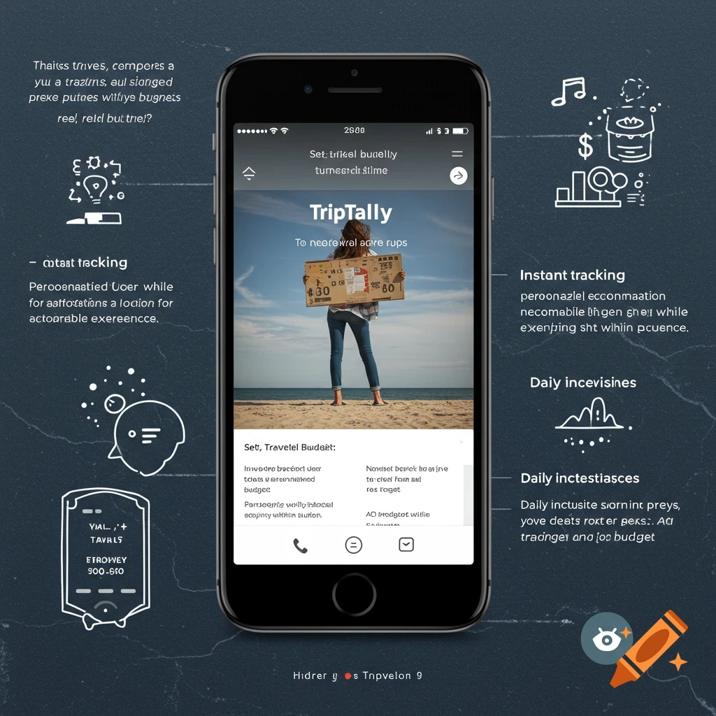 Smartphone displaying a travel app interface with surrounding icons and text illustrating features.