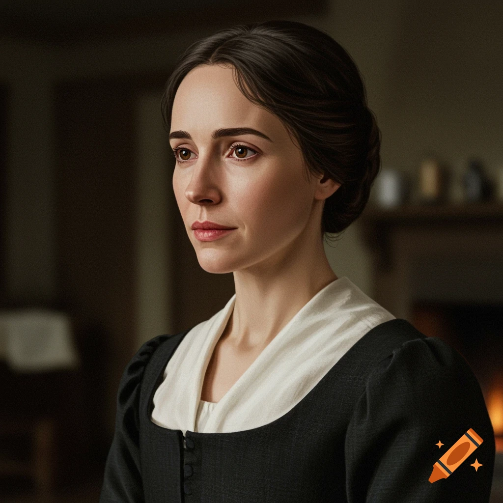 Portrait of a woman in historical clothing in a dimly lit room.