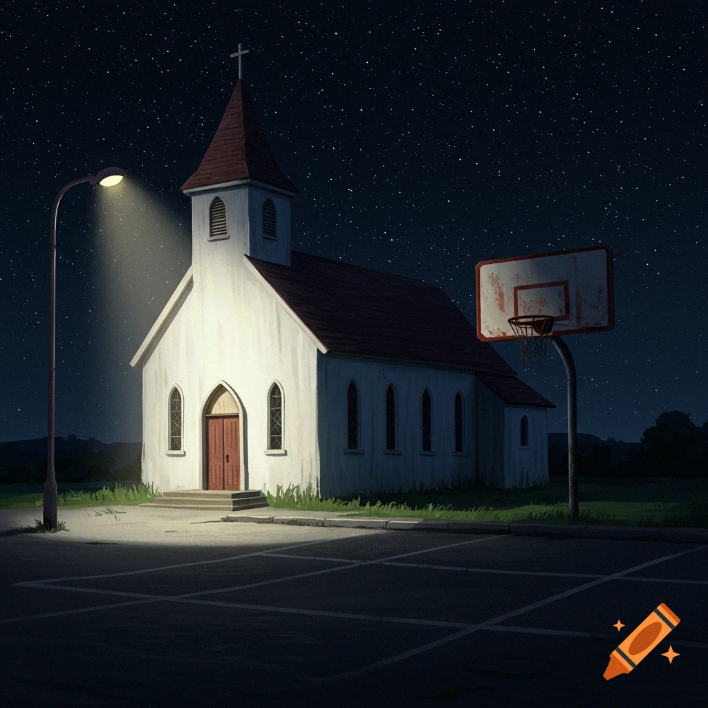 A church, basketball hoop, and parking lot are shown under a starry night sky, lit by a street light.