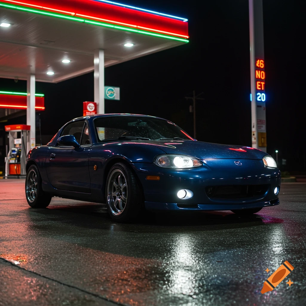 A dark blue Mazda Miata parked at a gas station at night, with wet pavement.