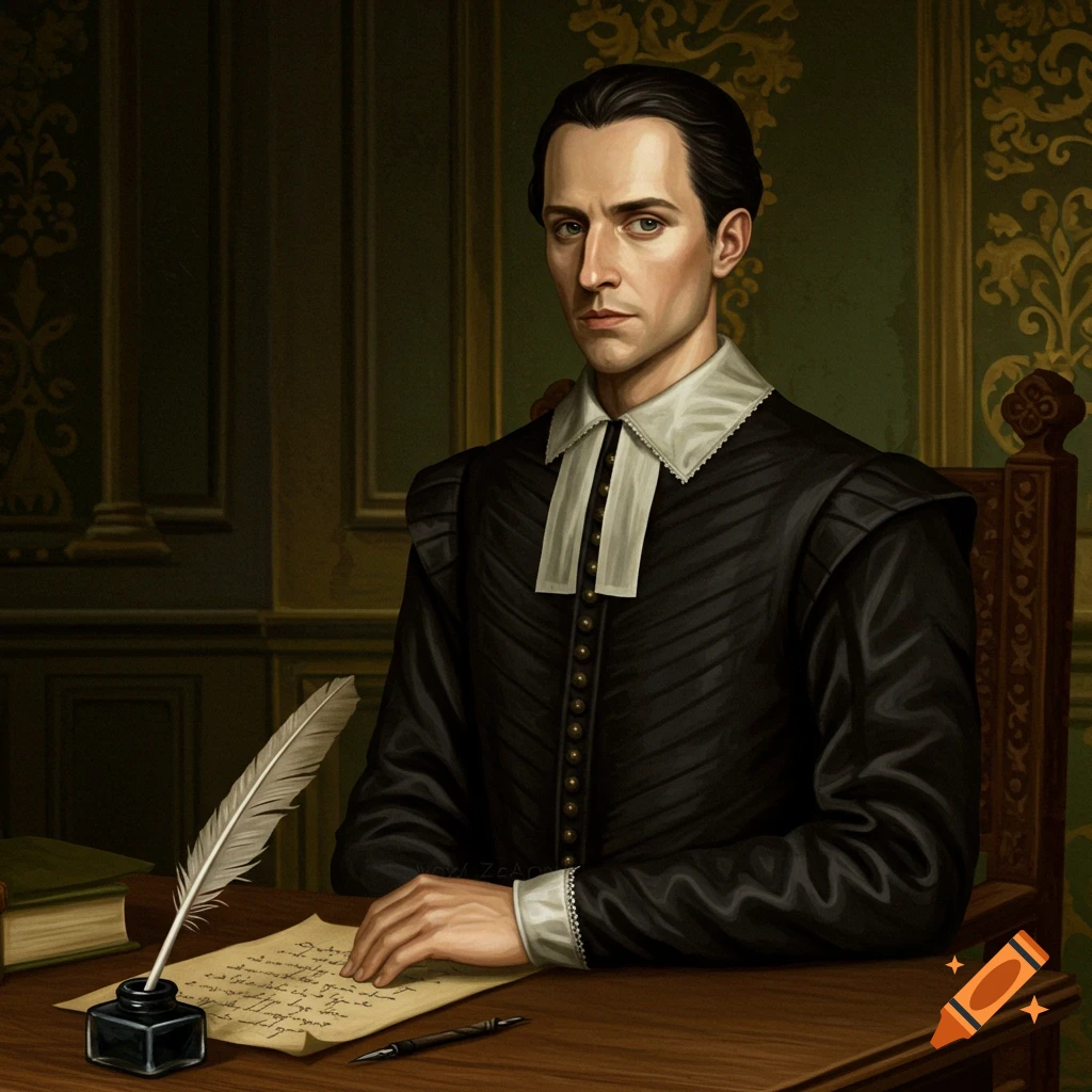 A man in historical clothing is writing at a desk with a quill pen.