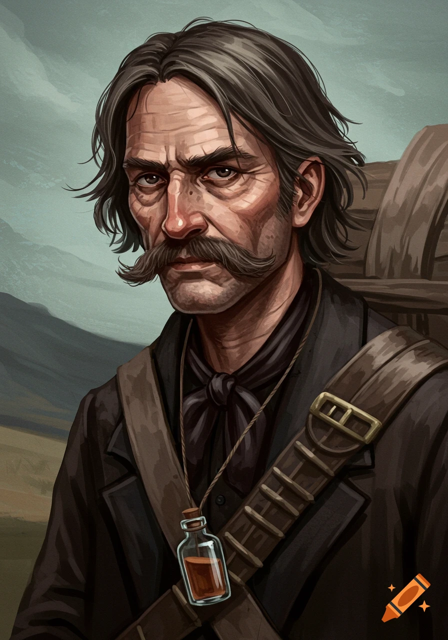A man with a mustache and a bottle necklace stands in a western landscape.