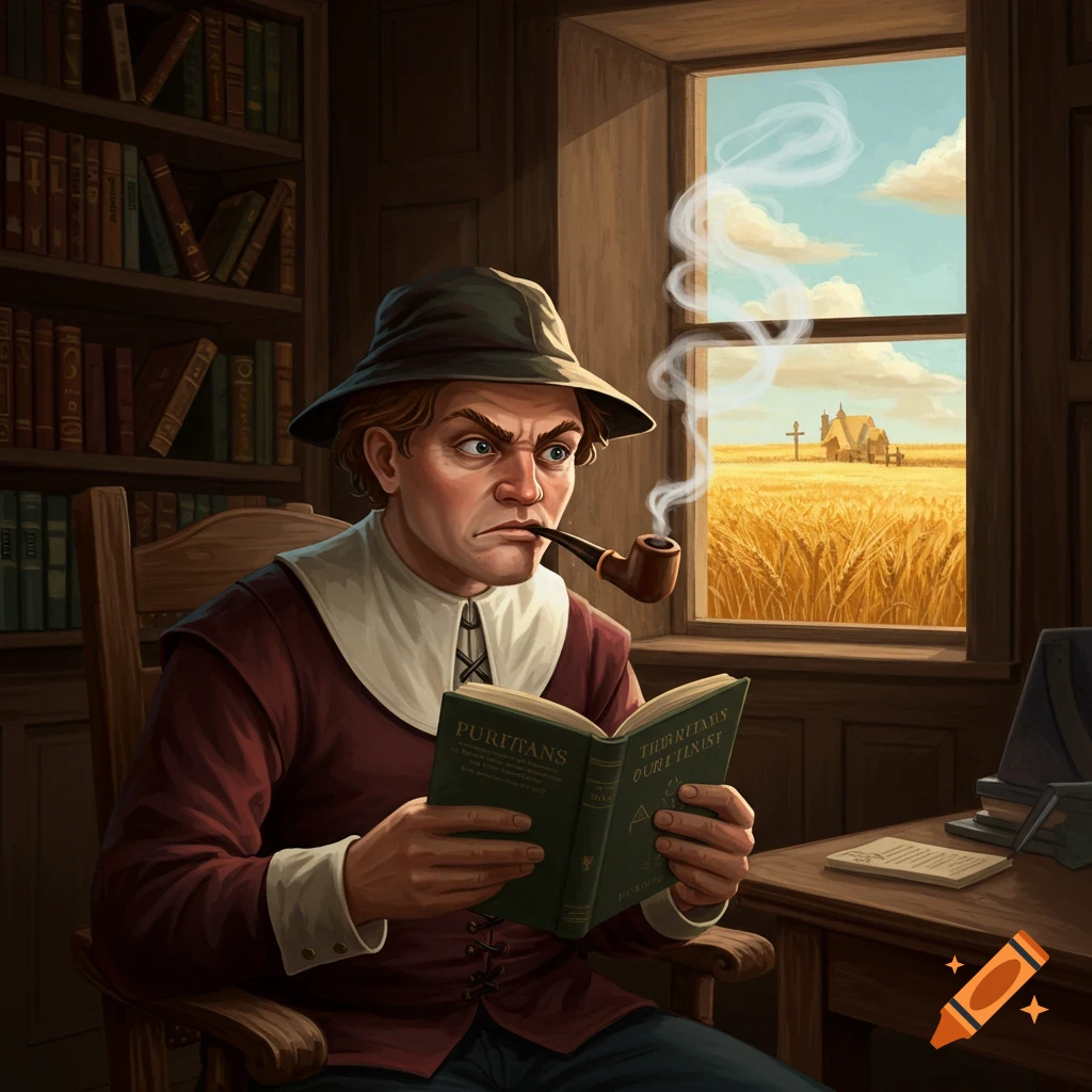 A man in 17th-century clothing reads a book and smokes a pipe in a study overlooking a grain field.