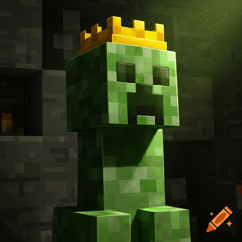 A blocky portrait of a green Minecraft Creeper wearing a gold crown, in a cave setting.