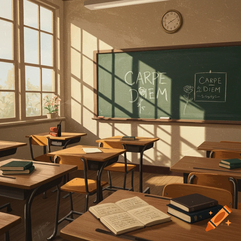 Sunlit image of an empty classroom with 'Carpe Diem' on the blackboard and books on desks.