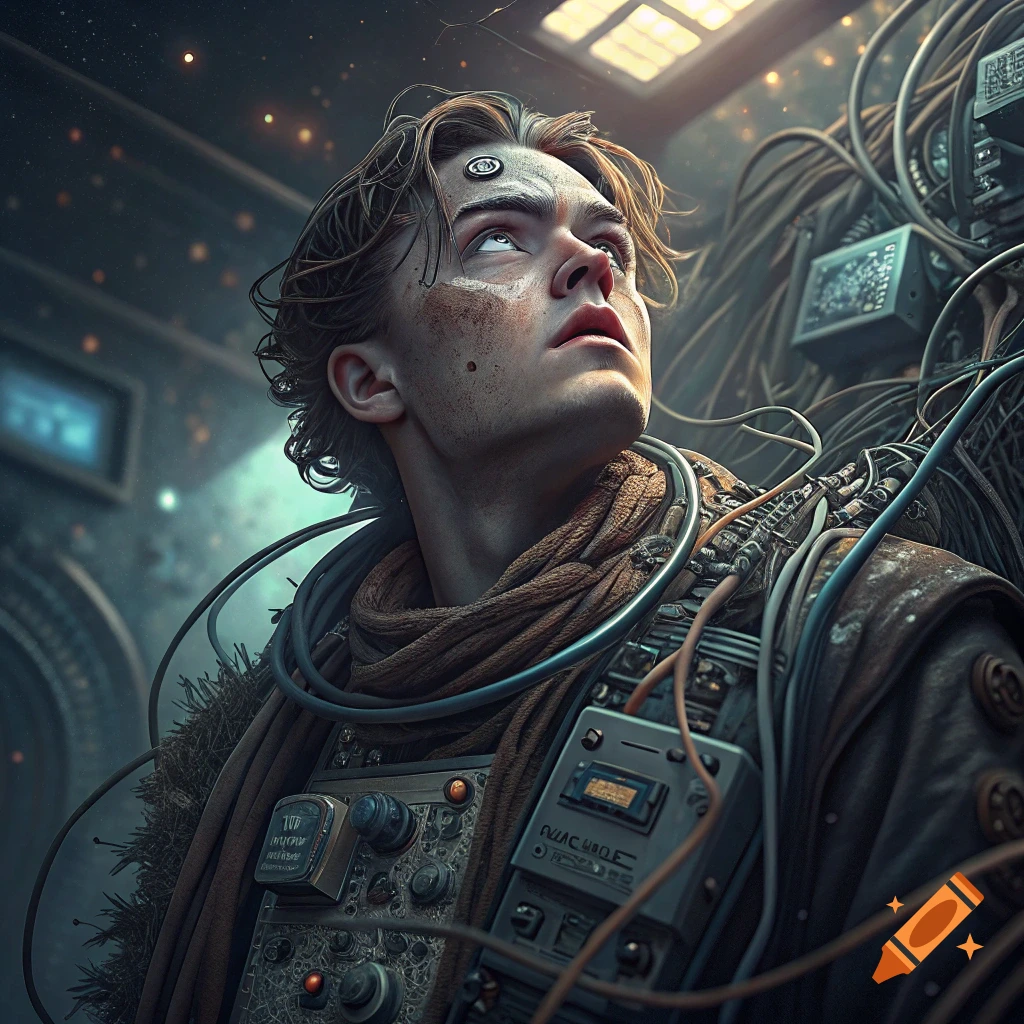 Portrait of a man integrated with electronic devices and wires in a sci-fi setting, looking up.