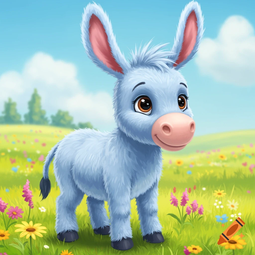 A fluffy blue donkey standing in a field of colorful flowers.
