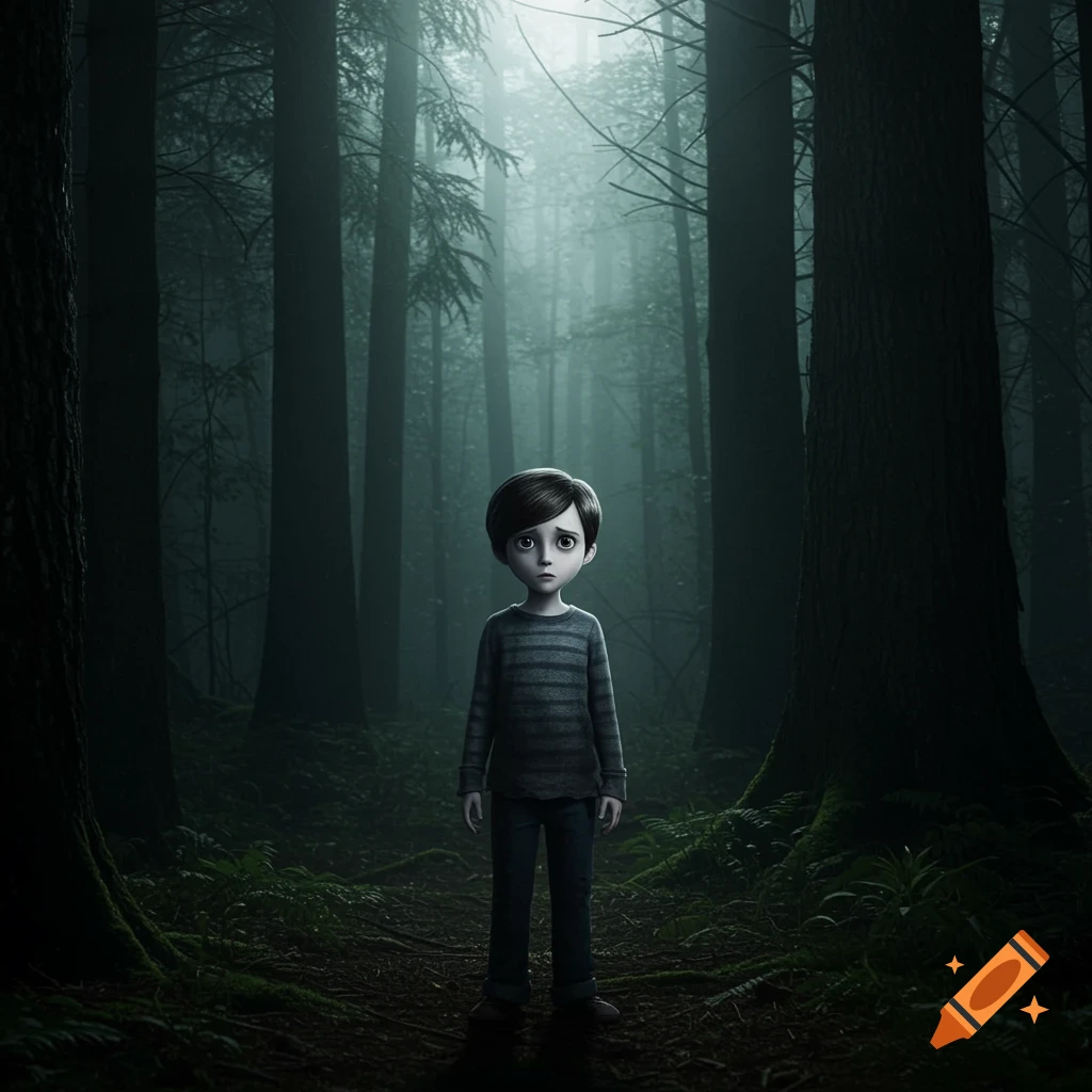 Stylized young boy standing alone in a dark, misty forest