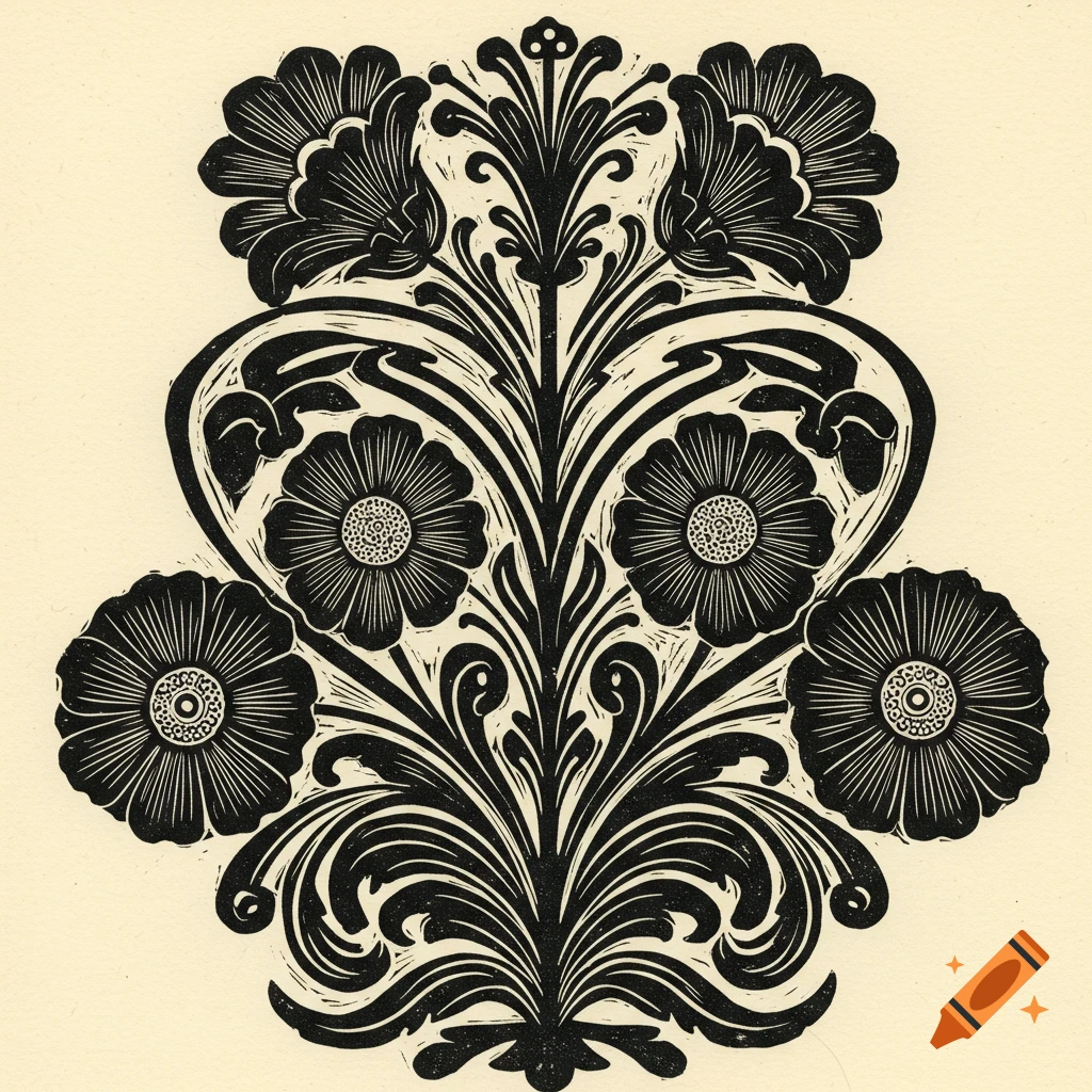 Symmetrical black and white linocut illustration of stylized flowers and foliage in Art Nouveau and folk art style.