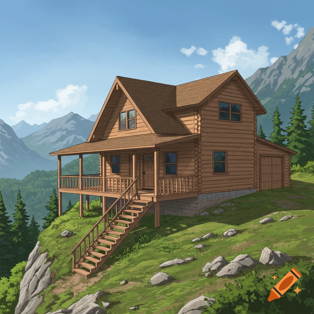 A log cabin on a grassy mountain slope overlooking a valley and mountains.