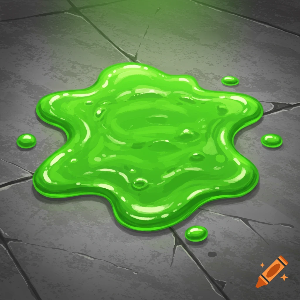 A green slime puddle is on a stone floor.
