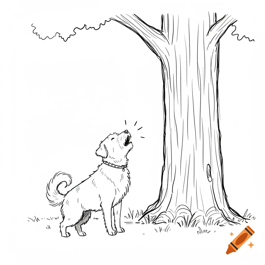 A line drawing of a dog barking up a large tree.