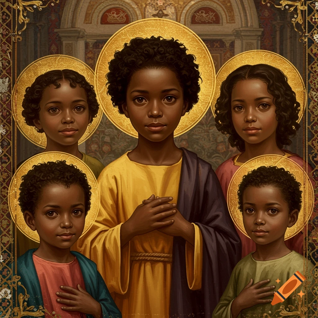 Five brown-skinned children with halos in a Renaissance style