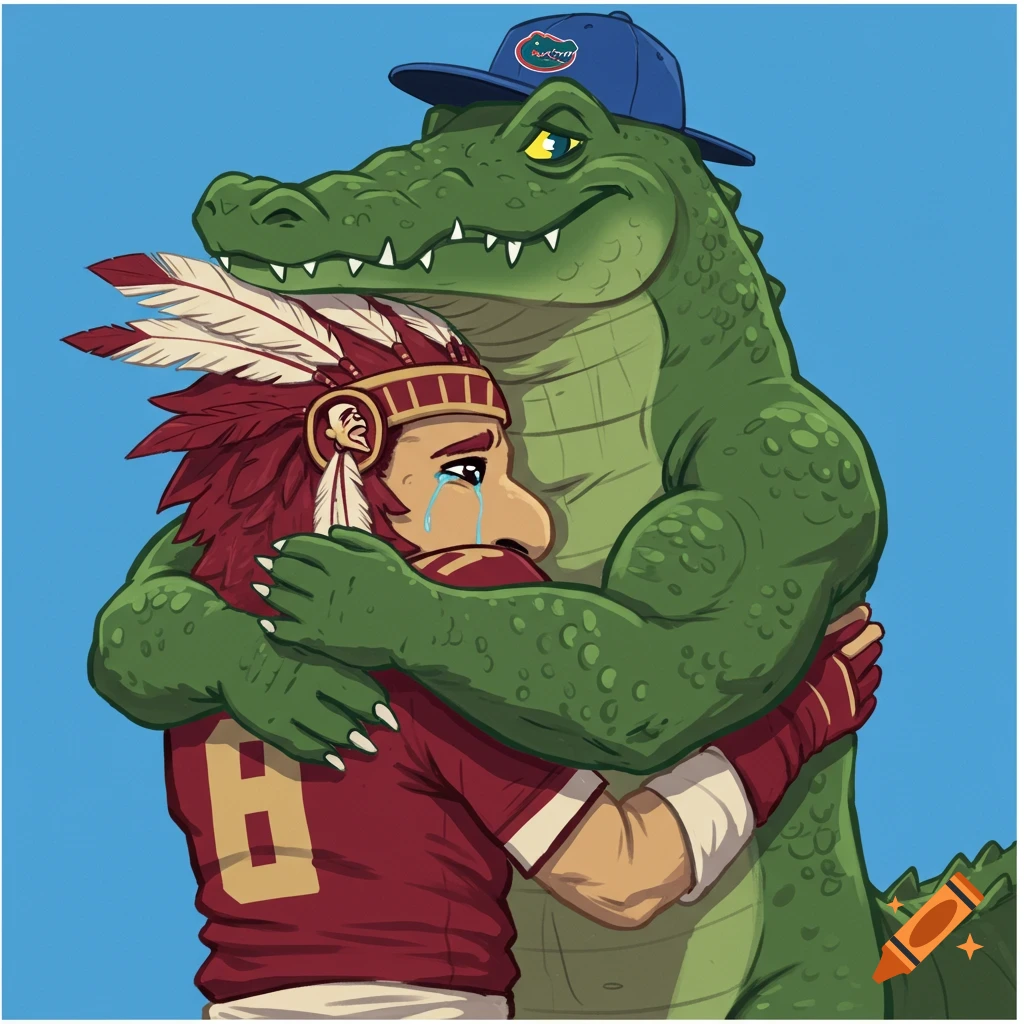 A large alligator mascot hugging a smaller, crying Seminole mascot in a jersey.