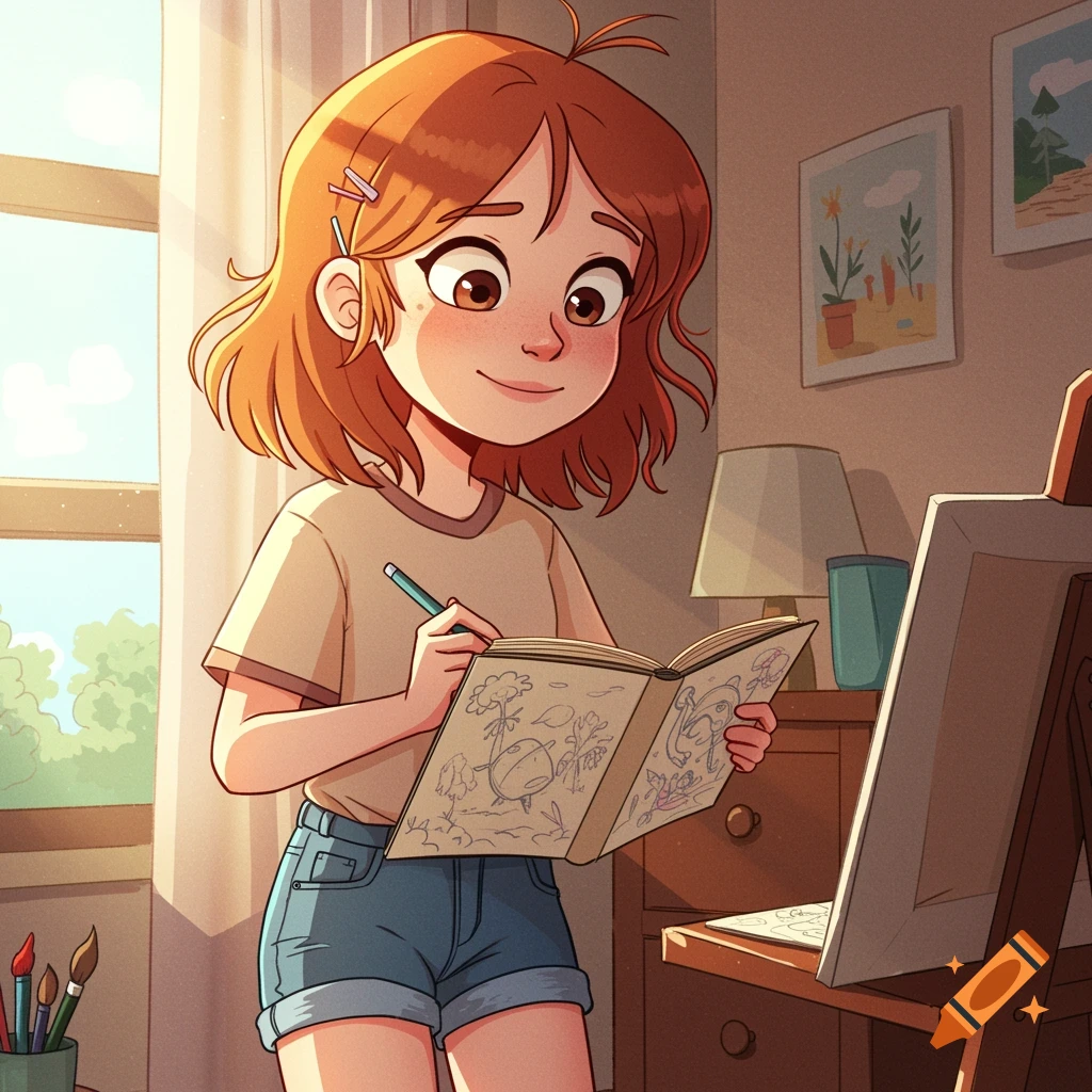 Cartoon illustration of a girl drawing in a sketchbook.