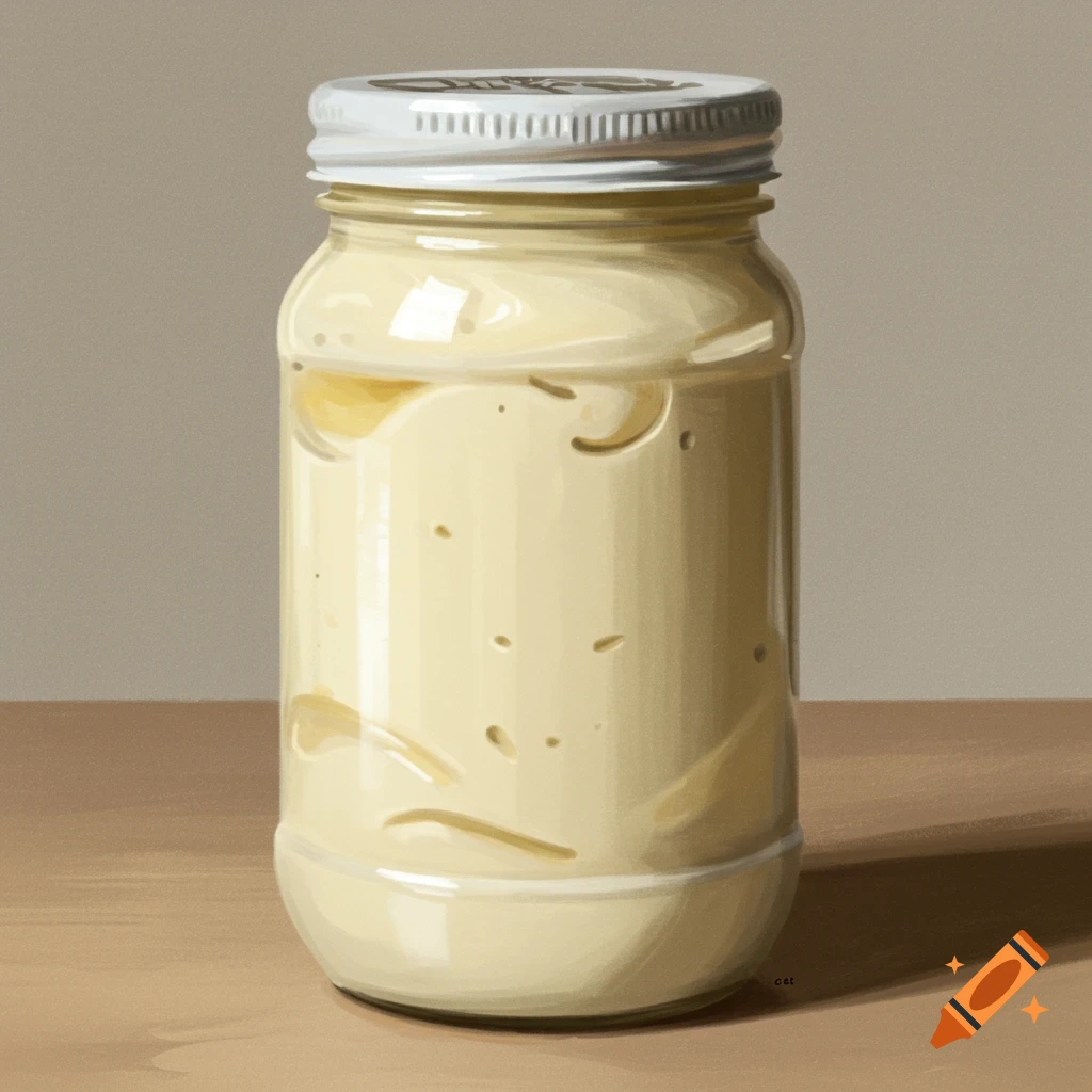 A jar of mayonnaise on a table.