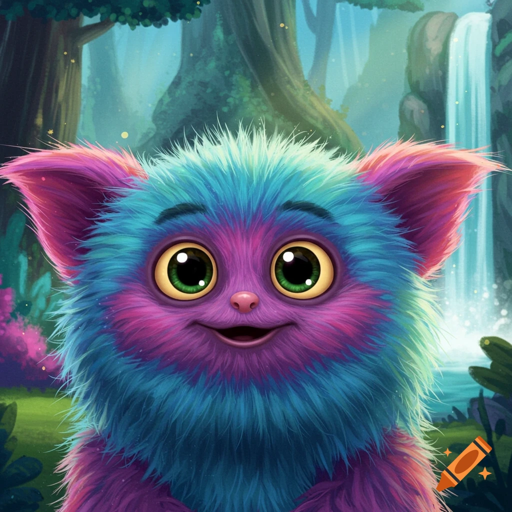 A fuzzy creature with blue, purple, and pink fur and large green eyes in a forest.