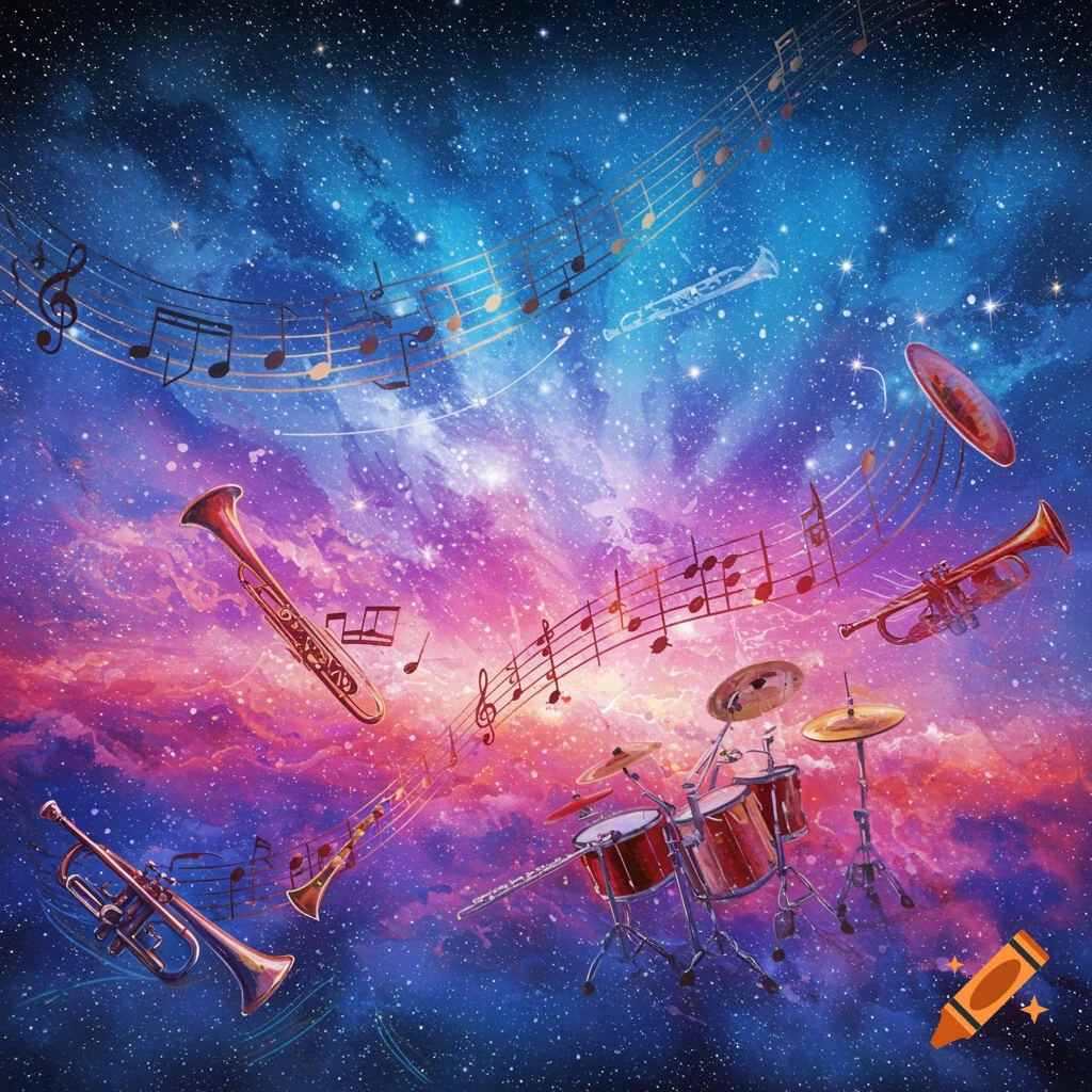 Musical instruments and sheet music float in a colorful, starry space.