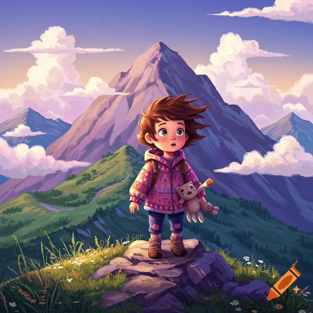 A child with a plush toy on a mountain peak, whimsical style.