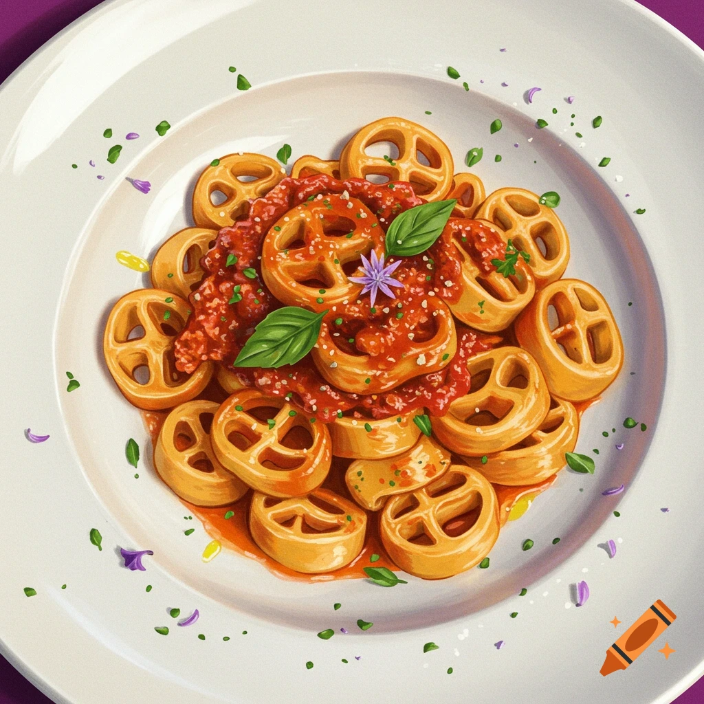 A plate of pasta with red sauce and herbs.