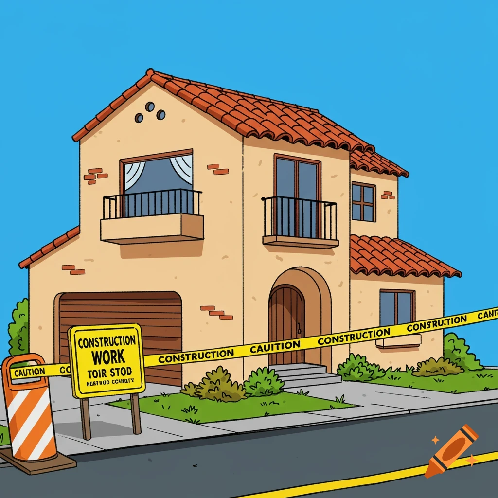 Cartoon illustration of a Spanish-style house with construction signs and caution tape.