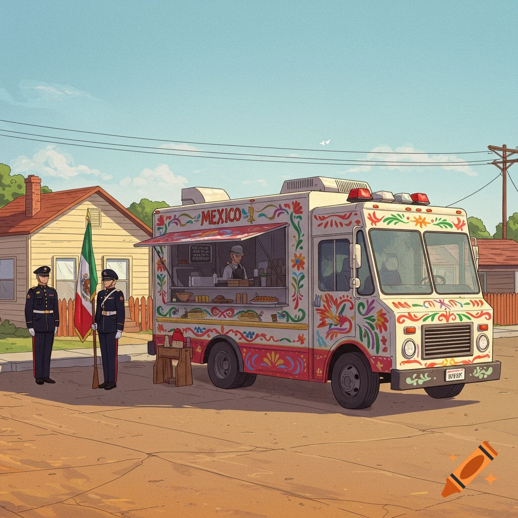 A decorated Mexican food truck sits on a suburban street, with two soldiers and a Mexican flag nearby.