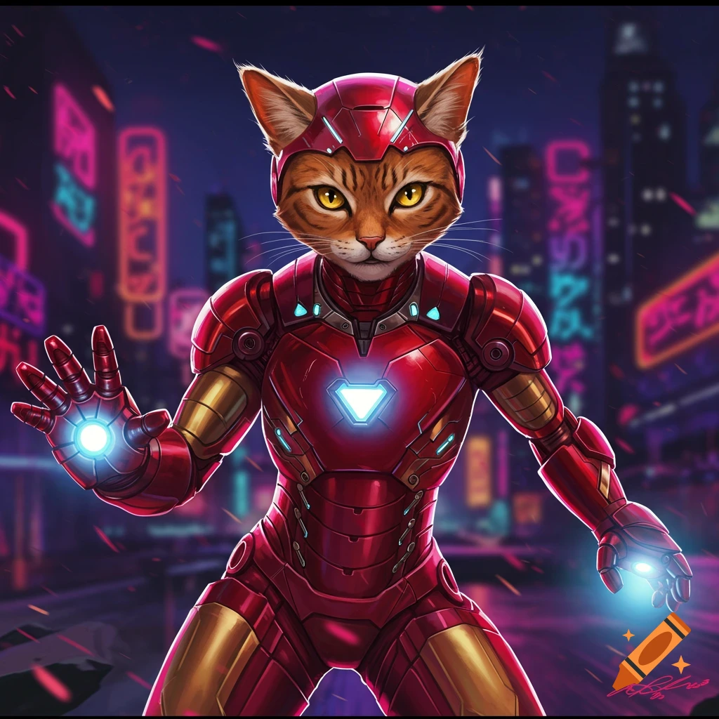 A cat wearing an Iron Man suit standing on a city street at night with neon lights.